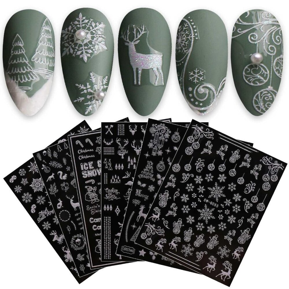 9 Sheets Christmas Glitter Nail Art Stickers Decals Self-Adhesive Snowflake Wint